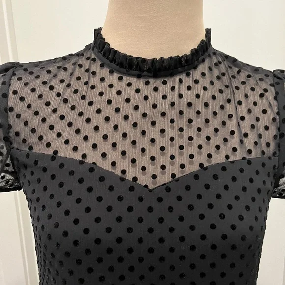 ZARA Black Flocked Swiss Dot Shirt Sleeve Flowy Midi Dress - Picture 5 of 14
